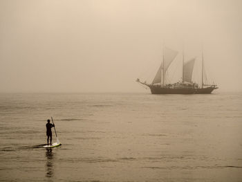 Silhouette men paddleboarding on sea against clear sky during sunset