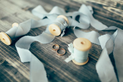 High angle view of objects on table