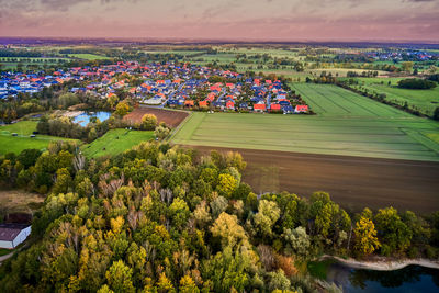 High angle view of trees on field against sky