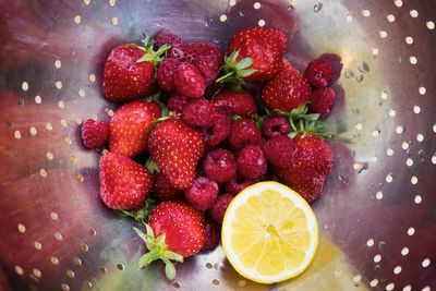 High angle view of strawberries