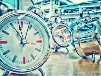 Close-up of clock on table