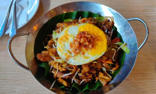 High angle view of breakfast on table