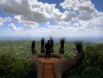 Panoramic view of giraffe on landscape against sky