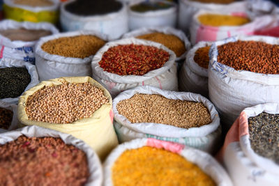 Full frame shot of grains for sale in market