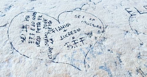 High angle view of heart shaped with messages on wall