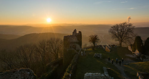 Panoramic view of historic building against sky during sunset