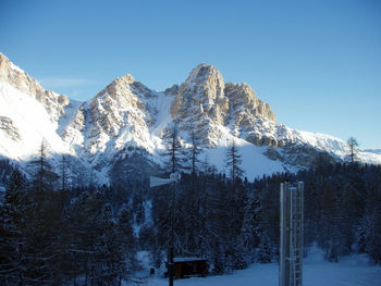 Scenic view of snow covered mountains against clear sky