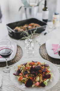 High angle view of food in plate on table