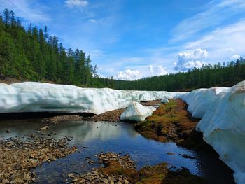 Scenic view of waterfall against sky