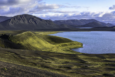 Scenic view of lake and mountains against sky