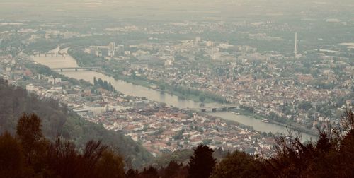 High angle view of townscape and trees in city