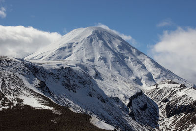 The snow covered mount ngauruhoe from the tama lakes track, tongariro national park, new zealand.