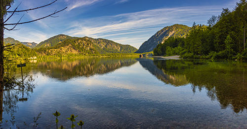 Scenic view of lake and mountains against sky