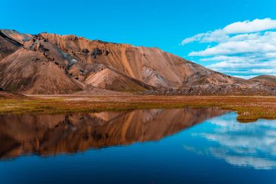 Scenic view of lake and mountains against blue sky