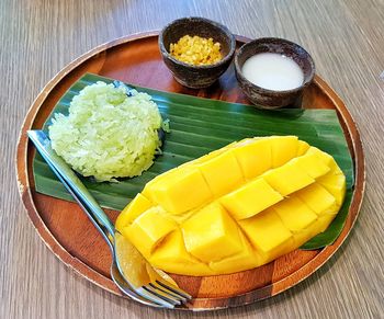 High angle view of food in plate on table