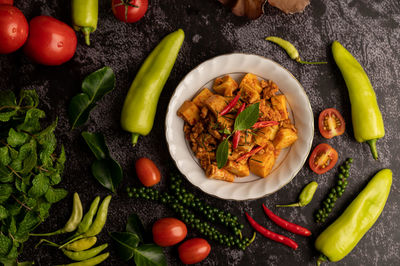 High angle view of fruits and vegetables on table