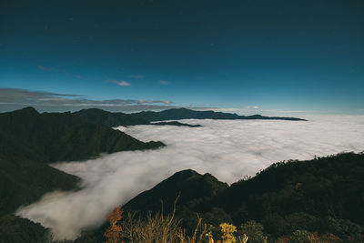 Scenic view of mountains against sky at night