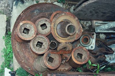 High angle view of rusty machine part