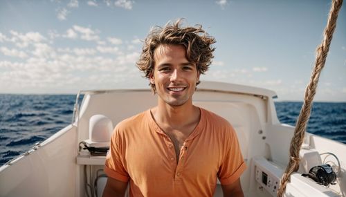 Portrait of smiling young man standing against sea