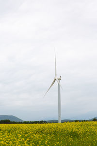 Wind turbines on field against sky