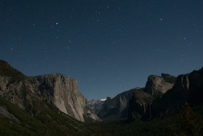 Scenic view of mountains against clear sky at night