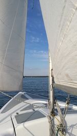 Sailboat sailing on sea against sky