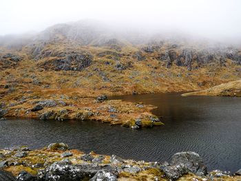 Scenic view of lake during foggy weather