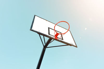 Low angle view of basketball hoop against clear sky