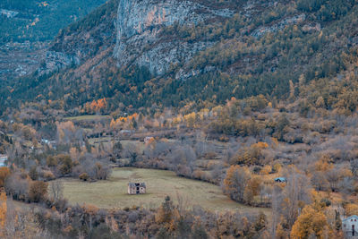 High angle view of trees and mountains during autumn