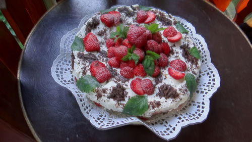 High angle view of strawberries in plate