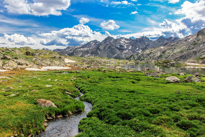 Scenic view of stream amidst green landscape against sky