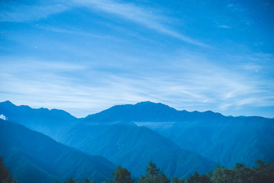 Scenic view of mountains against sky at night