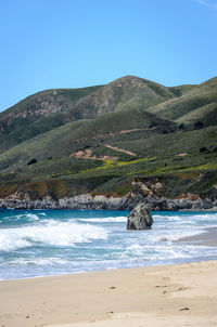 Scenic view of sea against clear blue sky