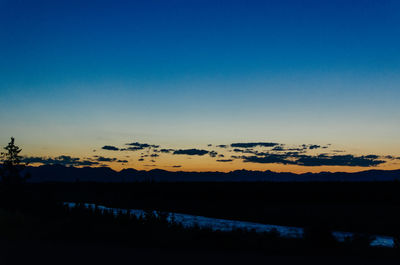 Scenic view of lake against clear sky at sunset