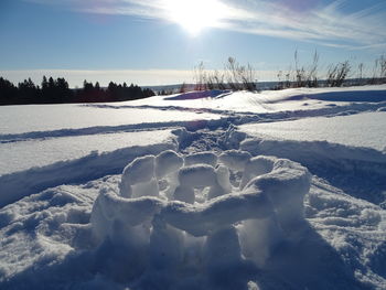 Scenic view of snow covered field against sky