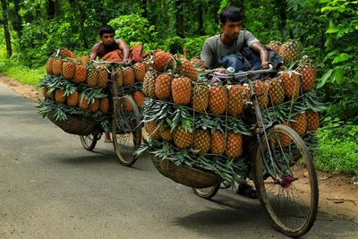 Rear view of man riding bicycle