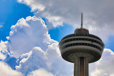 Low angle view of buildings against cloudy sky