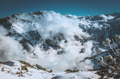 Low angle view of snow covered mountain against sky