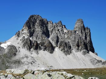 Low angle view of snowcapped mountain against blue sky