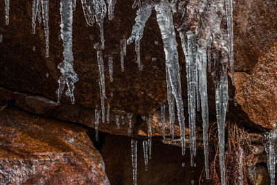 Close-up of icicles on rock formation in cave