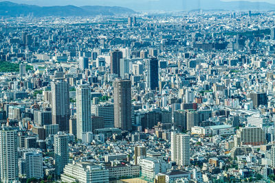 High angle view of modern buildings in city