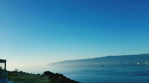 Scenic view of sea against clear blue sky