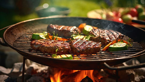 High angle view of meat on barbecue grill