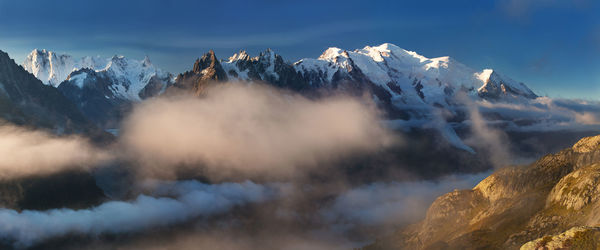 Panoramic view of snowcapped mountains against sky