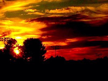 Silhouette trees against orange sky