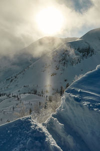 Scenic view of snow covered mountains against sky