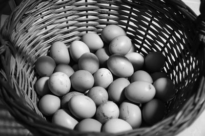 High angle view of eggs in basket