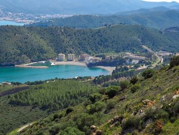 High angle view of landscape and mountains