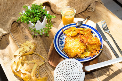 High angle view of meal served on table