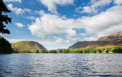 Scenic view of lake by mountains against sky